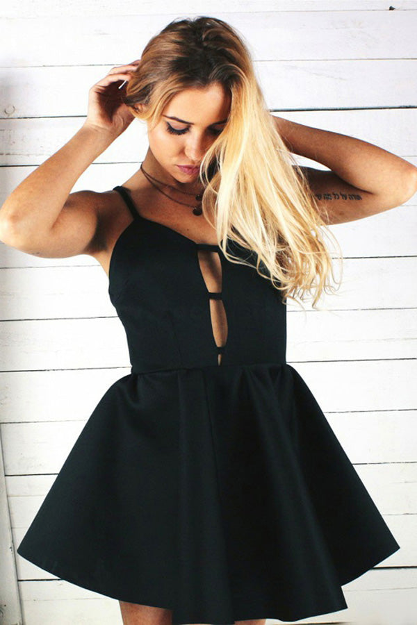 Black Spaghetti Straps Open Back Homecoming Dress, Short Prom Dress Simidress Black Spaghetti Straps Open Back Homecoming Dress, Short Prom Dress Simidress