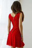 Red Square Sleeveless Homecoming Dress,V Back Lace Up Appliques Short Prom Dress, SH229