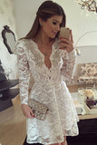 Luxurious Long Sleeve Deep V Neck Homecoming Dress,Lace Appliques Beading Short Prom Dress, SH236
