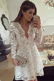 Luxurious Long Sleeve Deep V Neck Homecoming Dress,Lace Appliques Beading Short Prom Dress