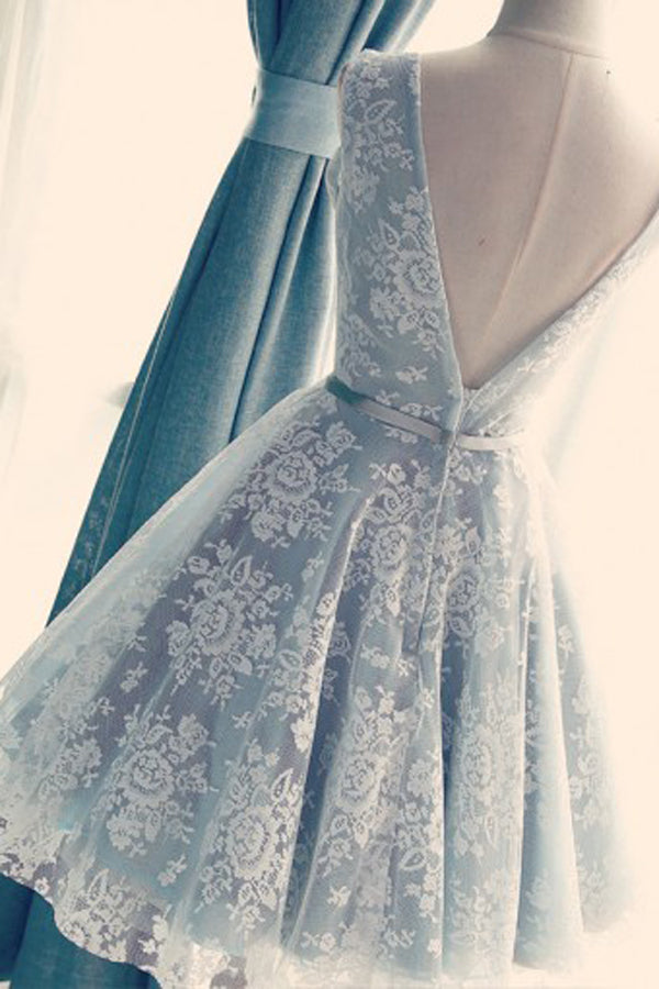Light Blue Lace A-Line V-Neck Backless  Homecoming Dress with Belt, SH232