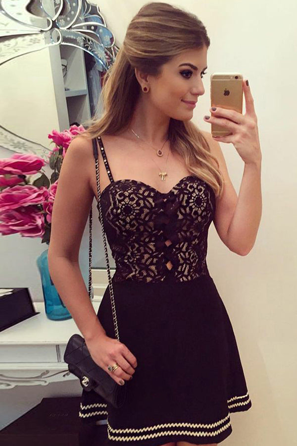 Black Sweetheart Spaghetti Homecoming Dress,Hollow Short Prom Dress