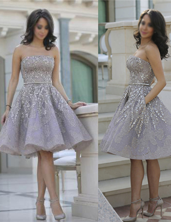 Gray Straight Strapless Homecoming Dress,Sparkle Mid Prom Dress, SH237