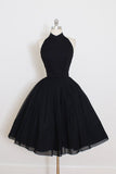 Black Halter Short Sleeve Homecoming Dress,A Line Open Back Short Prom Dress