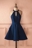 Black Halter Short Sleeve Homecoming Dress,A Line Open Back Short Prom Dress