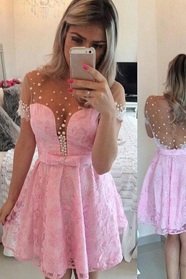 Pink A-Line Scoop Tulle Homecoming Dress With Sleeve,SH263