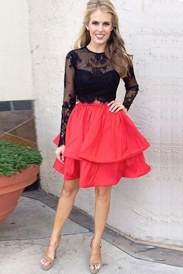 Black Lace Red Skirt Two Piece Long Sleeves Homecoming Dress, SH264
