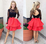Black Lace Red Skirt Two Piece Long Sleeves Homecoming Dress, SH264