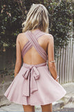 Criss-Cross Straps A-Line Deep V-Neck Blush Stretch Satin Homecoming Dress, SH267