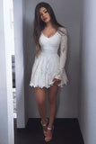 White Lace A-Line Scoop Long Sleeves Short Homecoming Dress, SH272