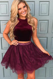 Two Piece Open Back Lace Jewel Short Grape Homecoming Dress, SH273