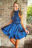 Navy Blue A-Line High Neck Satin Homecoming Dress with Beading, SH274