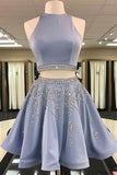 A-Line Two Piece Jewel Sleeveless Short Homecoming Dress With Beading, SH275