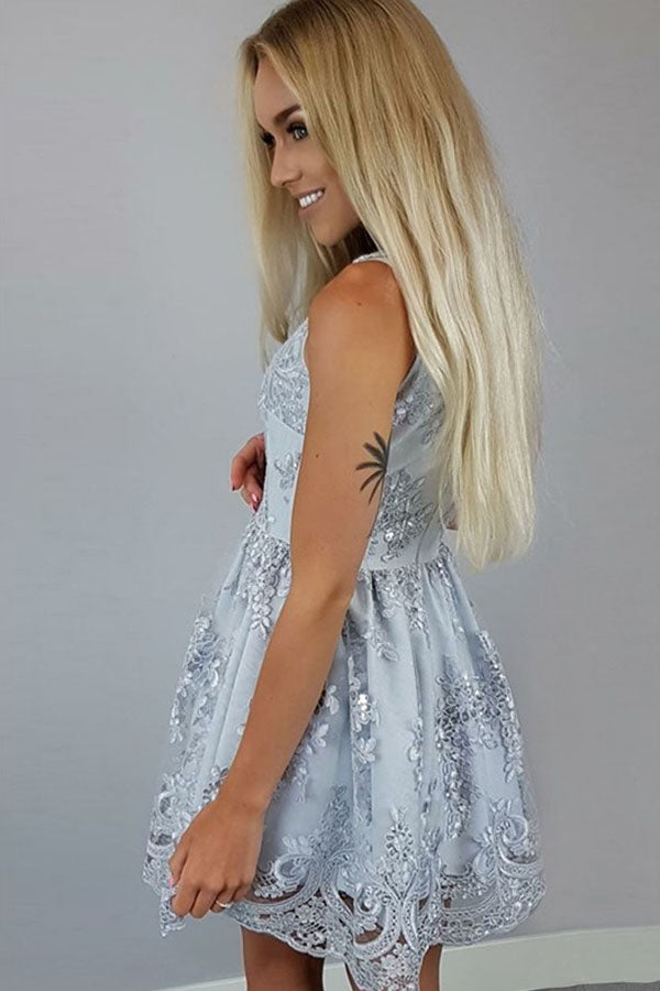 Satin A Line V-neck Lace Knee Length Homecoming Dresses,Party Dress,SH281