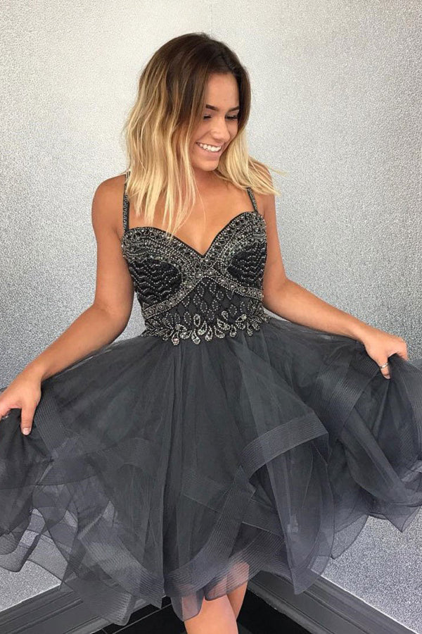 Dark Grey Tulle Shinny Spaghetti Strap Beaded Top Homecoming Dresses, SH288