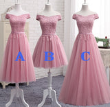 Gorgeous Pink A Line Lace Off Shoulder Prom Dress, Cheap evening dresses, SH208