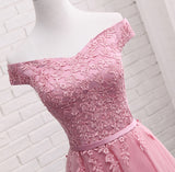 Gorgeous Pink A Line Lace Off Shoulder Prom Dress, Cheap evening dresses, SH208