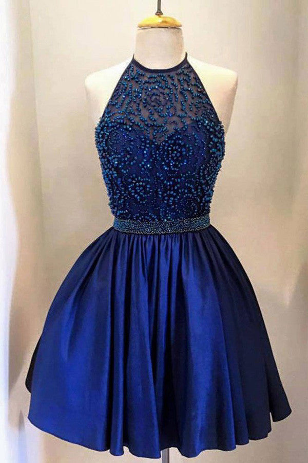 Royal Blue Taffeta with Beading, High Neck Bodice Halter Homecoming Dresses, SH28