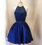 Royal Blue Taffeta with Beading, High Neck Bodice Halter Homecoming Dresses, SH28