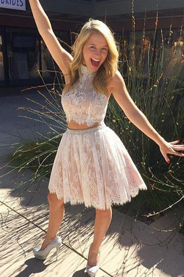 Two Piece A Line Halter Beaded Backless Homecoming Dress, Short Prom Dress, SH294