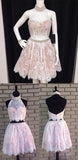 Two Piece A Line Halter Beaded Backless Homecoming Dress, Short Prom Dress from simidress.com