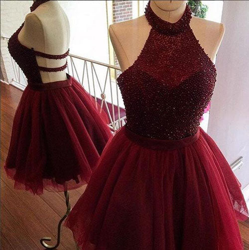 Burgundy A Line Homecoming Dress, Halter Party Dress, Beaded Short Prom dress from simidress.com