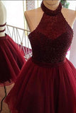 Burgundy A Line Homecoming Dress, Halter Party Dress, Beaded Short Prom dress, SH295