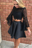 Two Piece Black Lace Homecoming Dress with Sleeves, Little Prom Dress, SH296