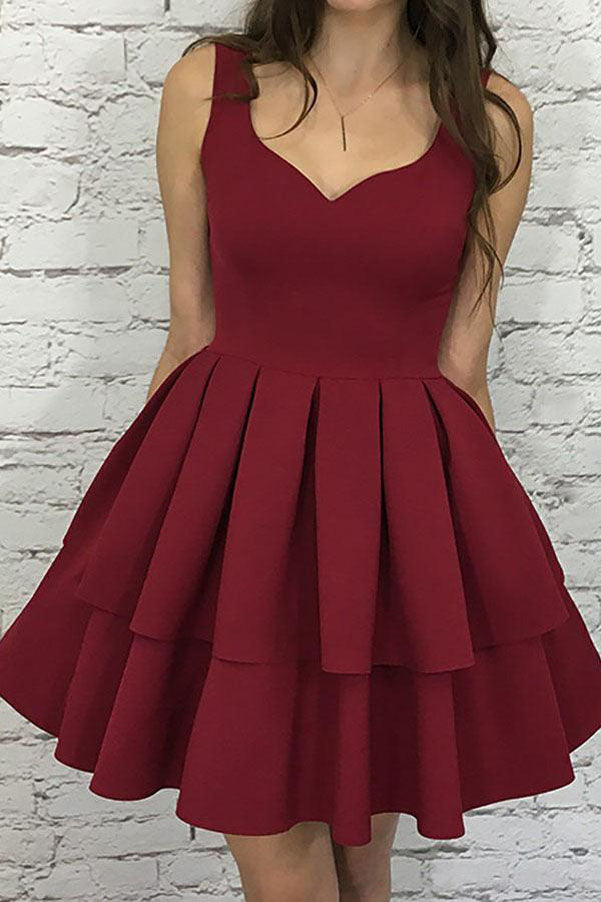 Nice Burgundy Tiered Elastic Satin A-Line Scoop Short Homecoming Dress, SH298
