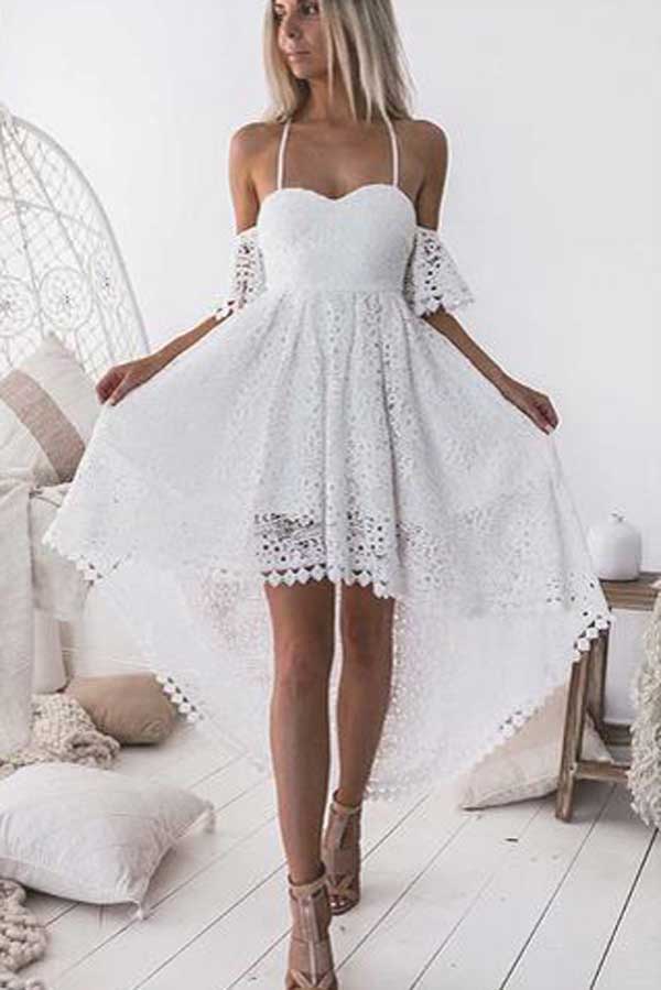 High Low White A-Line Straps Off Shoulder Lace Homecoming Dress, SH299