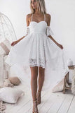 High Low White A-Line Straps Off Shoulder Lace Homecoming Dress, SH299