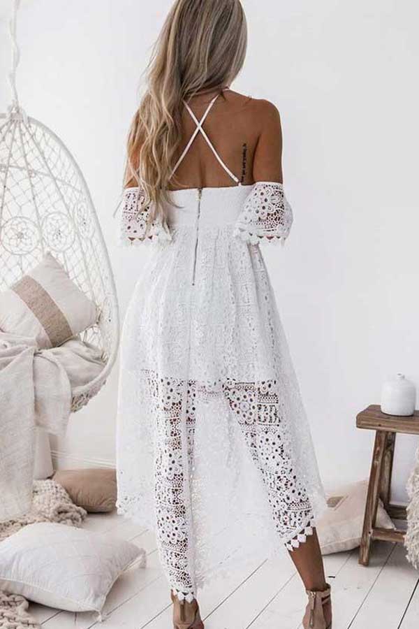 High Low White A-Line Straps Off Shoulder Lace Homecoming Dress from simidress.com