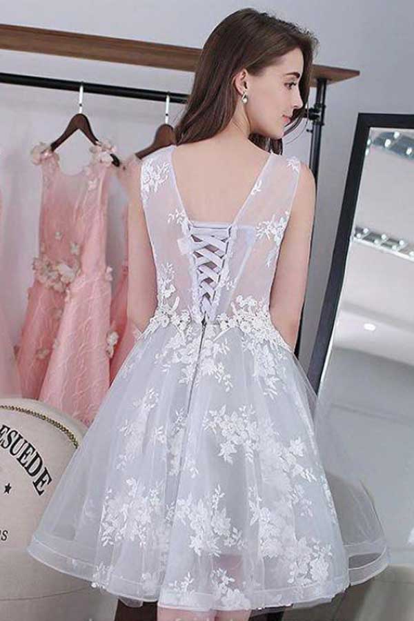 Silver Mini Homecoming Dress Short Prom Dress With Lace Up Applique, SH300
