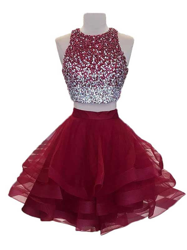 Burgundy Organza A-line Beaded Top Two Piece Homecoming Dresses, SH301