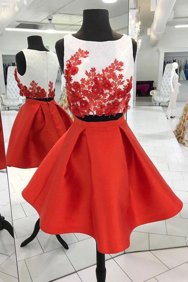 Two Piece Red Taffeta Skirt Ivory Top Mini Short Homecoming Dresses, SH302