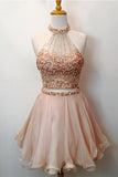 Blush Pink 2 Piece Halter Homecoming Dresses Short Prom Dresses, SH303
