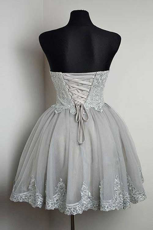 Grey Strapless Sweetheart Neck Homecoming Dresses Lace Appliqued Short Prom Dress from simidress.com