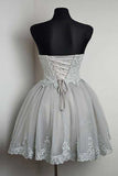 Grey Strapless Sweetheart Neck Homecoming Dresses Lace Appliqued Short Prom Dress from simidress.com