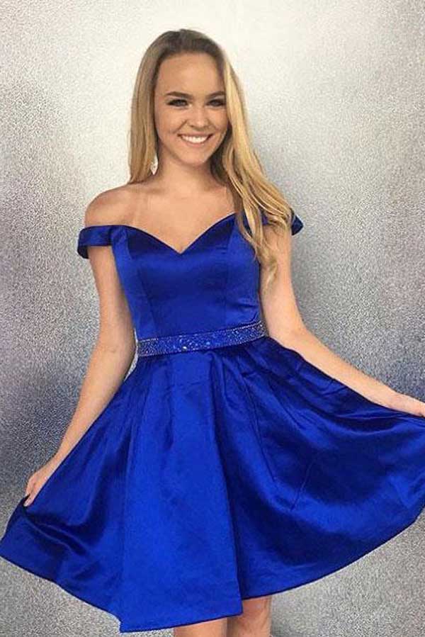 Satin Beaded Off Shoulder Waistband Homecoming Dresses with Pocket, SH305
