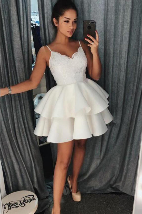 Ivory Lace Spaghetti Strap Short Homecoming Dresses V Neck Short Prom Dress, SH306