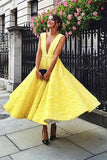 Cute Yellow Tea Length Deep V-neck Homecoming Dress, Lace Short Prom Dress, SH307