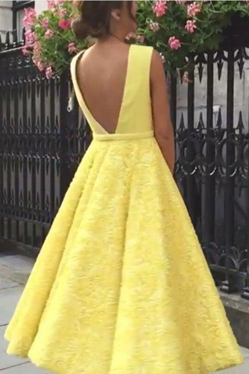Cute Yellow Tea Length Deep V-neck Homecoming Dress, Lace Short Prom Dress from simidress.com