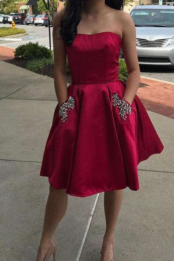 Cheap Red Simple Strapless Beaded Homecoming Dresses, Short Prom Dress, SH308