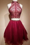 Two Piece High Neck Rhinestone Homecoming Dress Short Prom Dress Party Dress, SH309