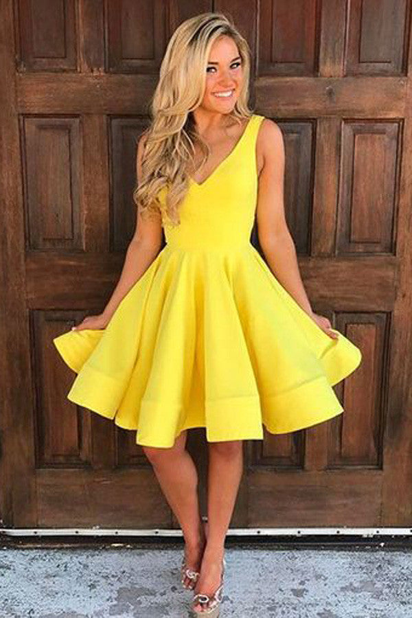 Yellow V Neck Homecoming Dresses, Sleeveless Short Prom Dresses,SH30