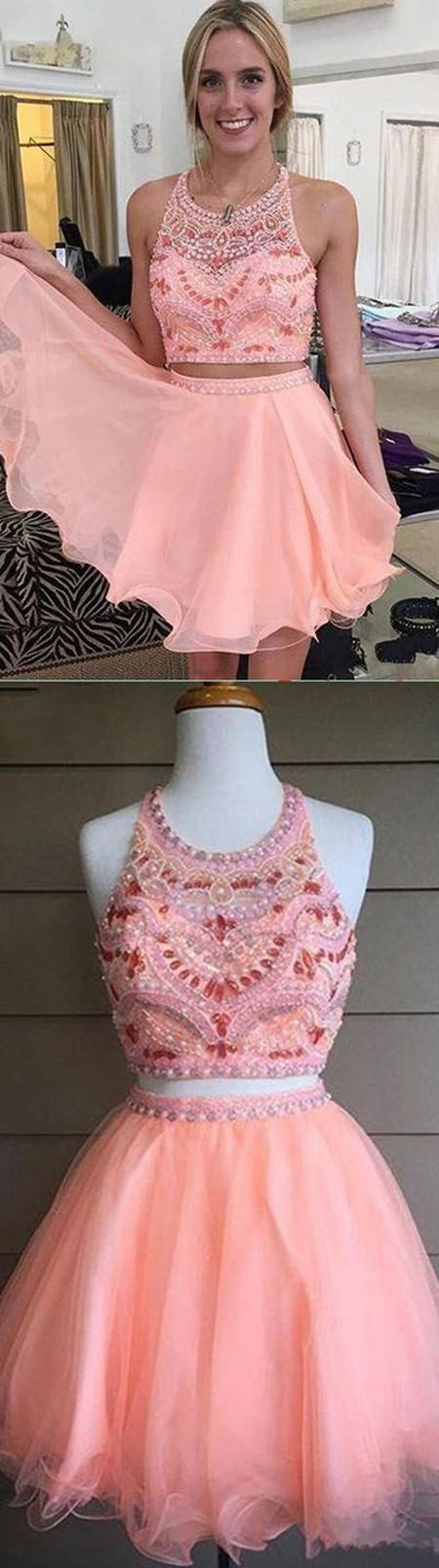 Chic Two Piece Tulle Charming Homecoming Dress Short Prom Dress Party Dress from simidress.com