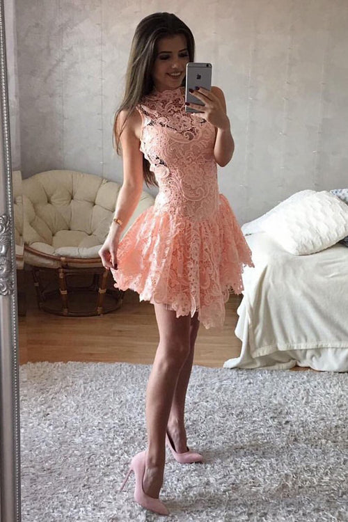 Charming Pink A-line High Neck Homecoming Dress Short Prom Dresses from simidress.com