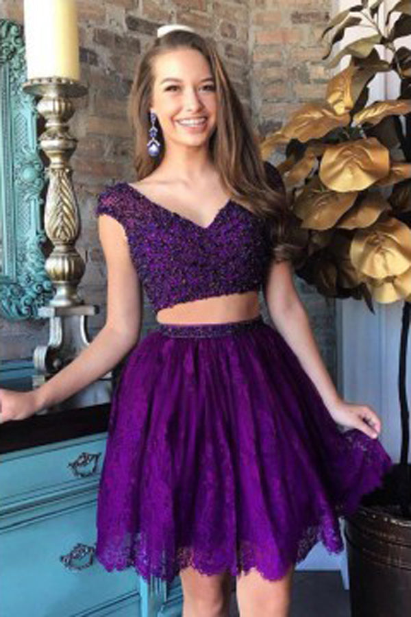 Two Piece Short Prom Dresses Purple, Cheap Homecoming Dresses on