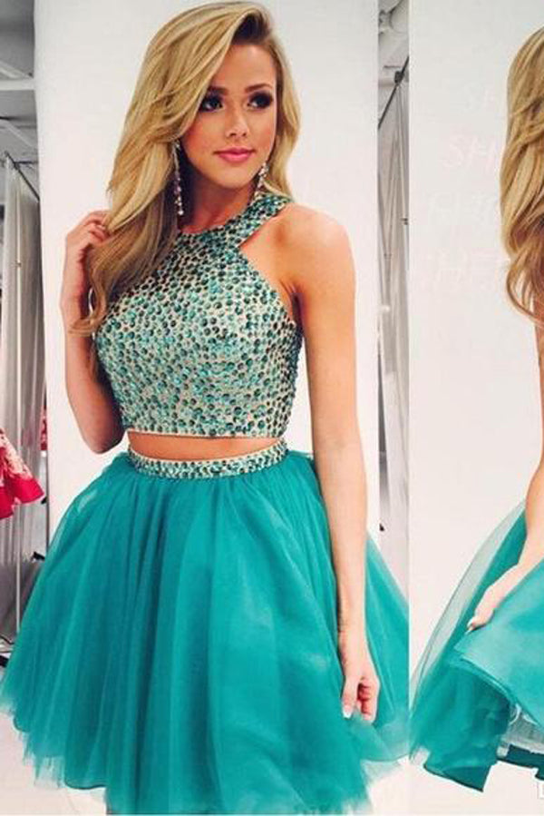 Two Pieces Beaded Bodice Boho Hoco Homecoming Dresses Short Prom Dress, SH316
