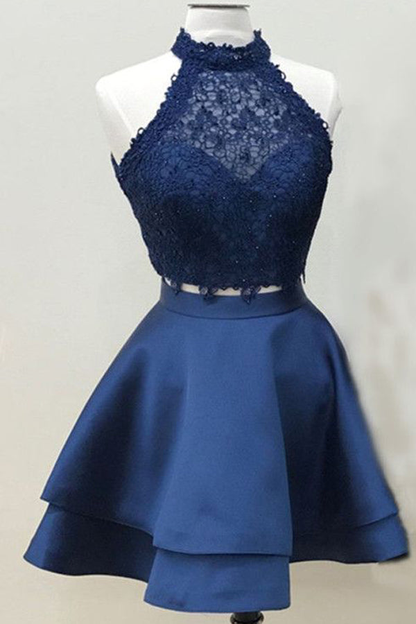 Navy Blue Two Piece Homecoming Dresses Short Prom Dress with  Lace Crop Top, SH318